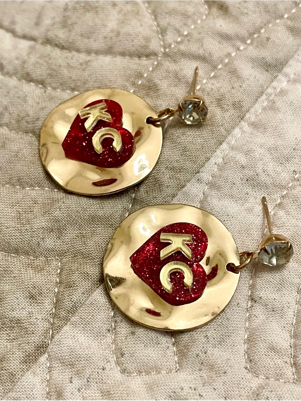 Gold Drop Earrings with Red Heart KC Accent - Picture 7 of 13